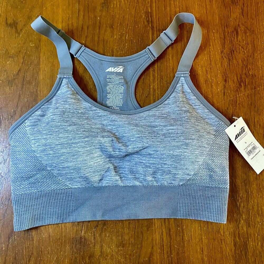 NEW Avia Women’s Sports Bra Size L Gray Wide Straps, Support Band Removable Pads